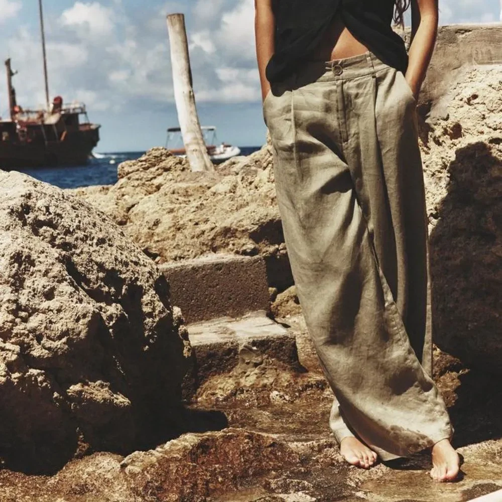 ZARA 100% LINEN WIDE-LEG PANTS GREEN